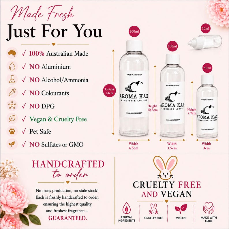 May include: Three clear plastic bottles with white caps and labels reading AROMA KAZ EXQUISITE LUXURY. The 200ml bottle is 14cm high and 4.5cm wide, the 100ml is 10.3cm high and 3.5cm wide, and the 50ml is 7.7cm high and 3cm wide. Includes a 10ml vial.