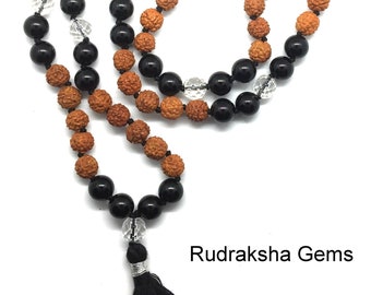 108 Rudraksha Mala Beaded Necklace, Mala Bead Necklace +Crystal Black Onyx Gemstones, Tibetan Buddhist Prayer Beads, Healing Meditation Yoga