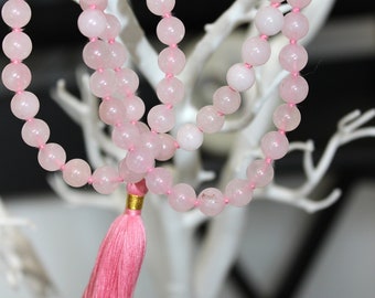 Rose Quartz mala necklace - LOVE - handknotted 108 mala necklace, gemstone japa mala tassel necklace, rose quartz mala, mala beads 108, gift