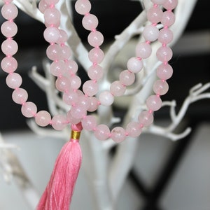 Rose Quartz mala necklace - LOVE - handknotted 108 mala necklace, gemstone japa mala tassel necklace, rose quartz mala, mala beads 108, gift