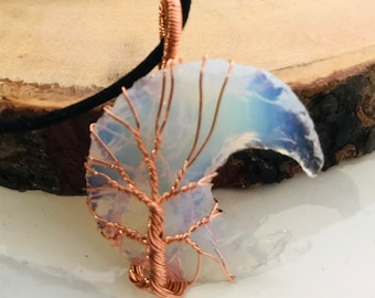 Opalite Moon Pendant, Opalite Crystal, Opalite Necklace, Wire Wrapped Copper Pendant, Boho Jewelry, Tree of life Crystal pendant