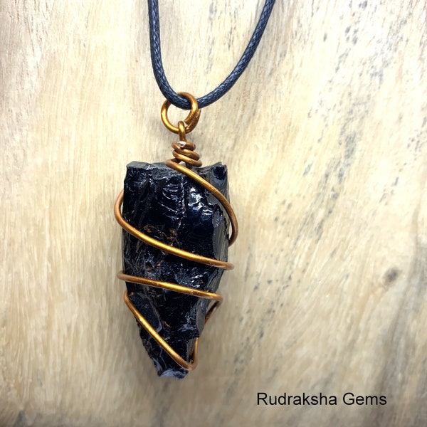 Black Raw Obsidian Copper Pendant Dragonglass Reiki Charged Cord Necklace, Black obsidian raw rough necklace, Wire Wrapped Jewellery Gift