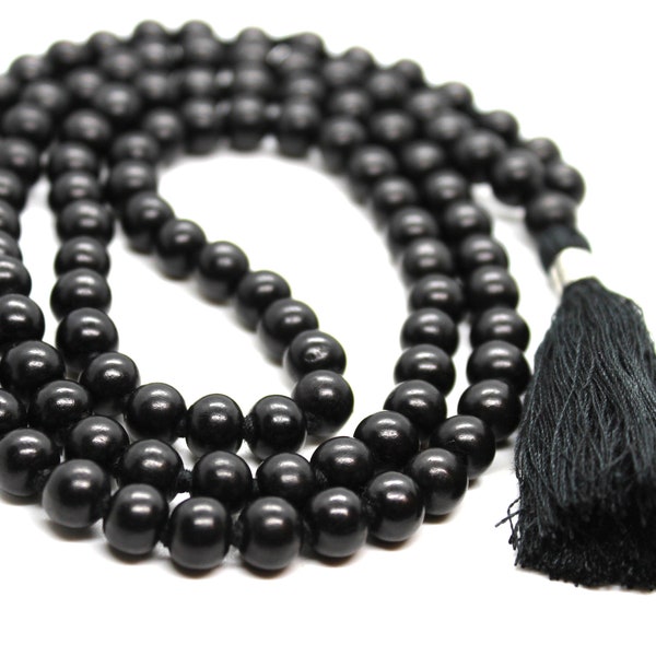 PROTECTION MALA, mala karungali, collier mala en bois d'ébène, perles nouées de 8 mm, mala japa 108 perles, collier chapelet de prières en bois noir