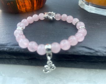 Rose Quartz Bracelet, Self Love, Om Lotus Charm, 8mm Beads