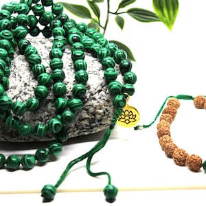 Malachite 108 beads mala COMBO Adjustable Rudraksha Malachite bracelet Hindu yoga & meditation Buddhist Rosary Japa Mala Mindful Necklace