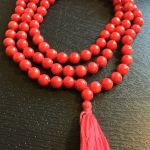 Hand Knotted Mala/ Red Coral Mala Necklace with Tassel /Natural Red Coral Mala/ 7mm 108 beads mala/ yoga meditation mala/ Root Chakra Mala image 2