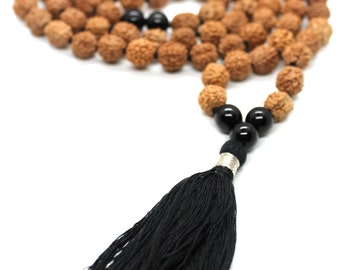 108 Rudraksha Mala - Perle de gourou en onyx noir, 108 perles de japa mala, perles de prière nouées, collier unisexe en onyx, mala de méditation avec pierres précieuses noires