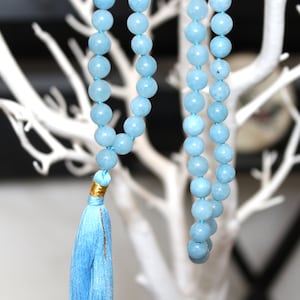 Aquamarine 8mm beads Necklace, Tassel mala, Prayer Necklace, 108 Mala Beads, Aquamarine Mala, Statement Necklace, Yoga Gifts, Spiritual Mala
