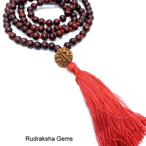 Classic 108 Knotted Meditation Mala with Rudraksha Guru bead 8mm Indian Rosewood with Red / Cotton String Tassel Elegant Yoga Necklace image 2
