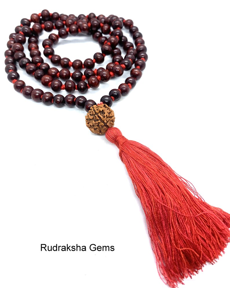 Classic 108 Knotted Meditation Mala with Rudraksha Guru bead 8mm Indian Rosewood with Red / Cotton String Tassel Elegant Yoga Necklace image 2