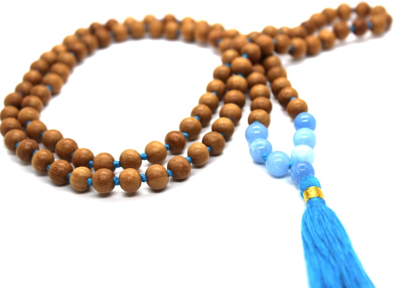 Atlantis Larimar Crystal Necklace, Mala Sandalwood Beaded Necklace, Handmade Jewelry, Healing Crystals Necklace Japa mala Beaded Yoga mala image 6