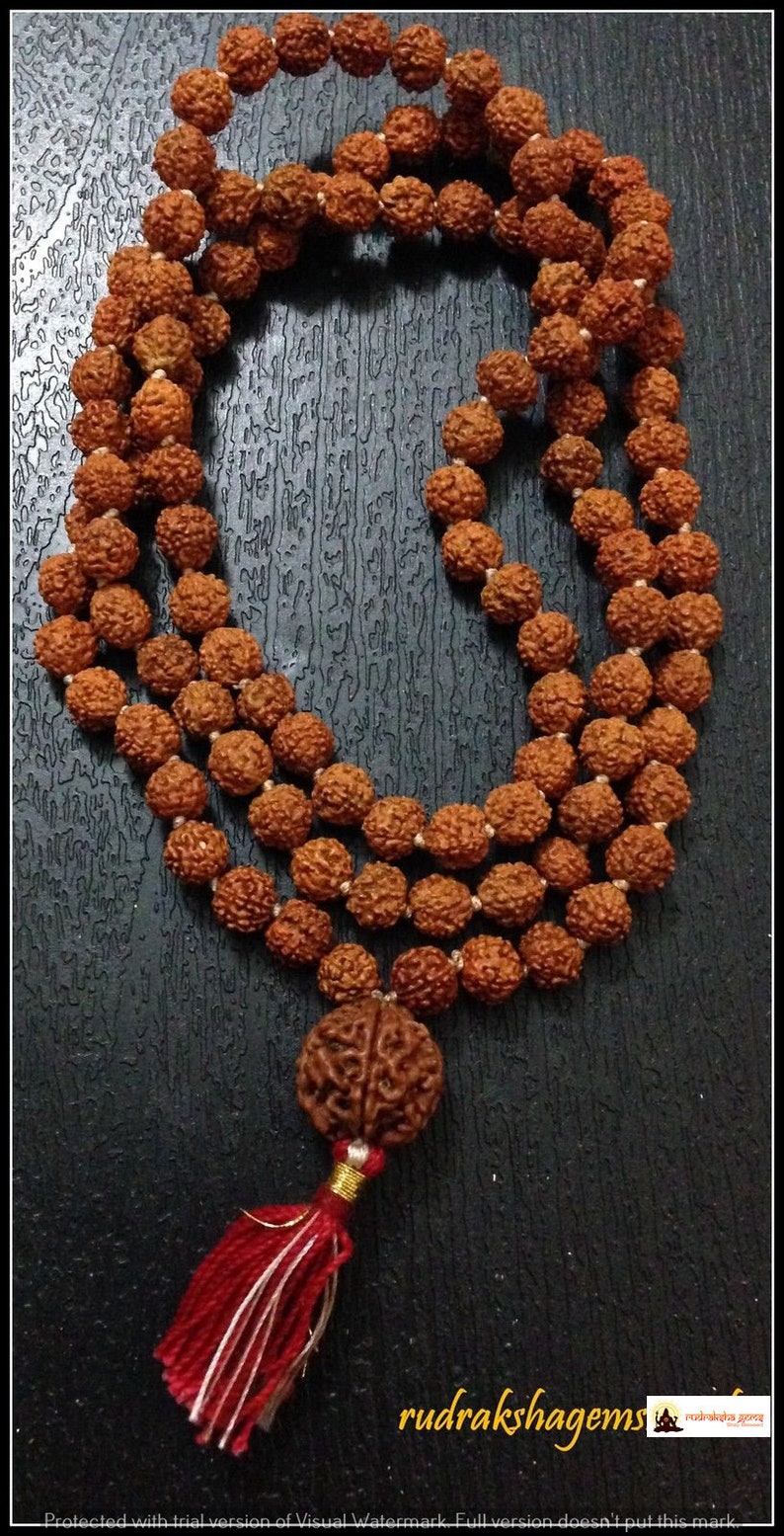 Rudraksha Mala 108 Beads Japa Rosary with Nepalese Rudraksh GURU 2 or 3 or 4 or 5 or 6 or 7 BEAD MUKHI Hand made premium mala Meditation 4 FACE RUDRAKSHA