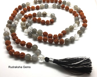 Labradorite japa & Rudraksha mala, Tassel Mala, Hand knotted Necklace, Meditation mala, 108 mala necklace, Prayer beads, Dalai Mala Yoga