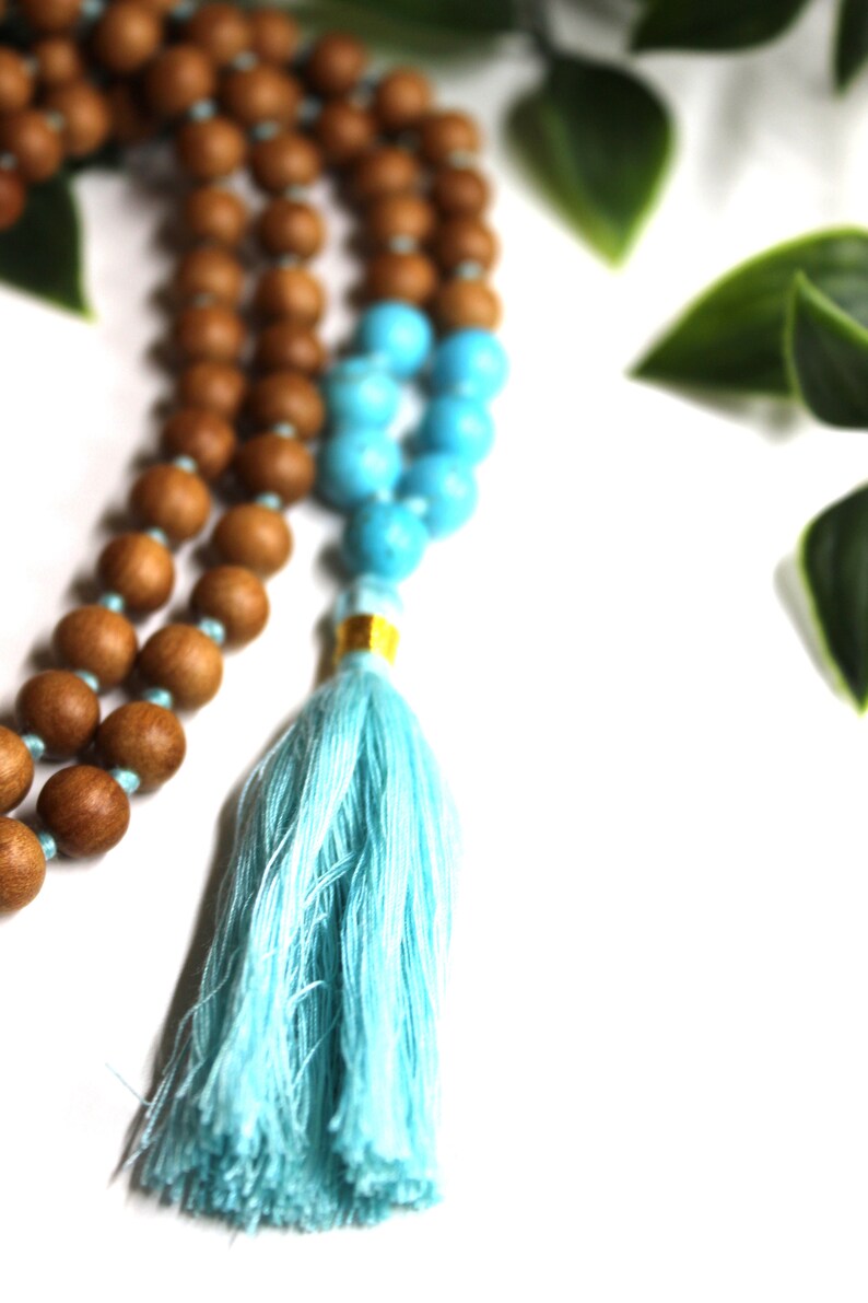 Sandalwood TURQUOISE Mala Necklace 8 mm, Knotted Sandalwood Mala, 108 Japa Mala Beads, Sandalwood Necklace, Buddhist Turquoise Beads Yoga image 7