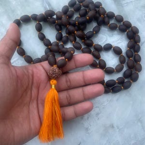 May include: A long strand of dark brown, oval-shaped beads strung on a bright orange cord. The necklace features a single, textured, round brown bead positioned above a vibrant orange tassel made of fine, silky threads at the bottom center.
