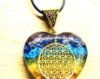 7 Chakra Heart Orgone Pendant Energized Brass Coil Chakra Crystal PENDANT With Black cord, EmF Shield OM Tree of life Flower of Life REIKI