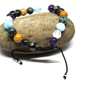 Super Healer Adjustable Bracelet Genuine beads used Snowflake Obsidian, Moss Agate, Mookaite, Ruby Zoisite, Aquamarine, Moonstone, Amethyst