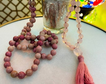 Rhodonite &  Rose quartz mala necklace 108 Healing crystals and stones Yoga mala beads Rose quartz necklace Heart chakra crystal mala