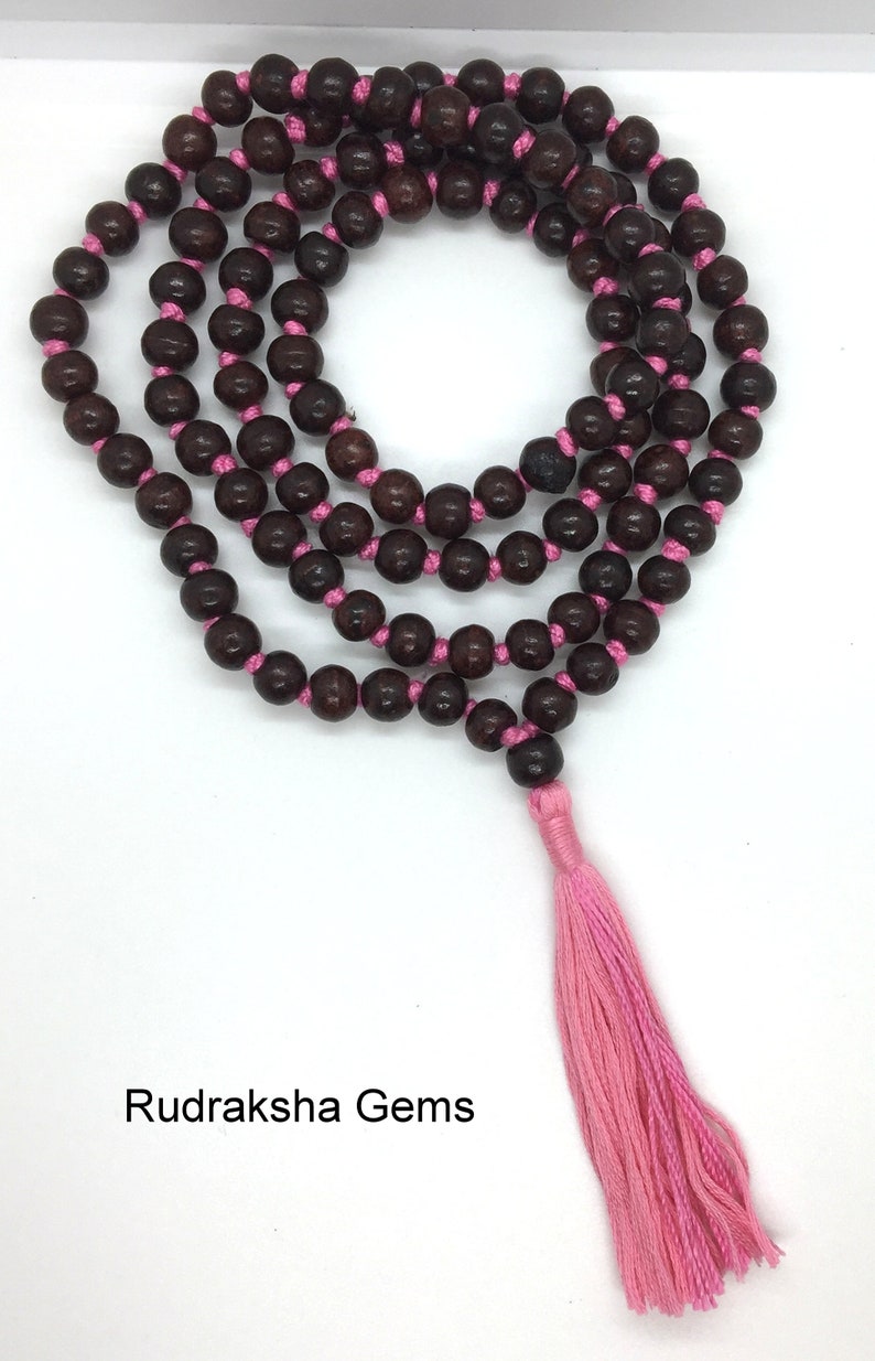 Chapelet mala fait main en palissandre rouge 108 perles beau mala à pampilles pampilles longues colorées et noeuds perles de 8 mm méditation yoga hindou mala japa Pink