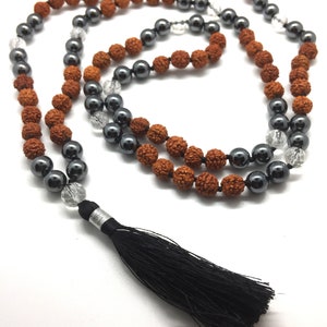 HEMATITE & Rudraksha beaded Necklace, Crystal Guru Bead, Black Tassel mala, mens ladies mala beads, Hematite Mala, Rudraksha Mala, Yoga