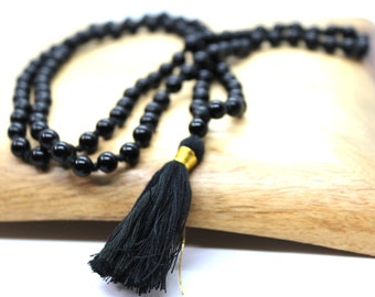 Natural Black Agate stone Buddhist Prayer beads knotted mala - Black agate handmade 108 prayer beads mala necklace Root chakra 108 mala bead