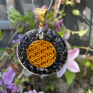 Black Tourmaline Reiki Energy Charged Orgone Flower of Life Pendant, Orgone pyramid, EMF protection, orgone energy purifier, Orgone Necklace image 1