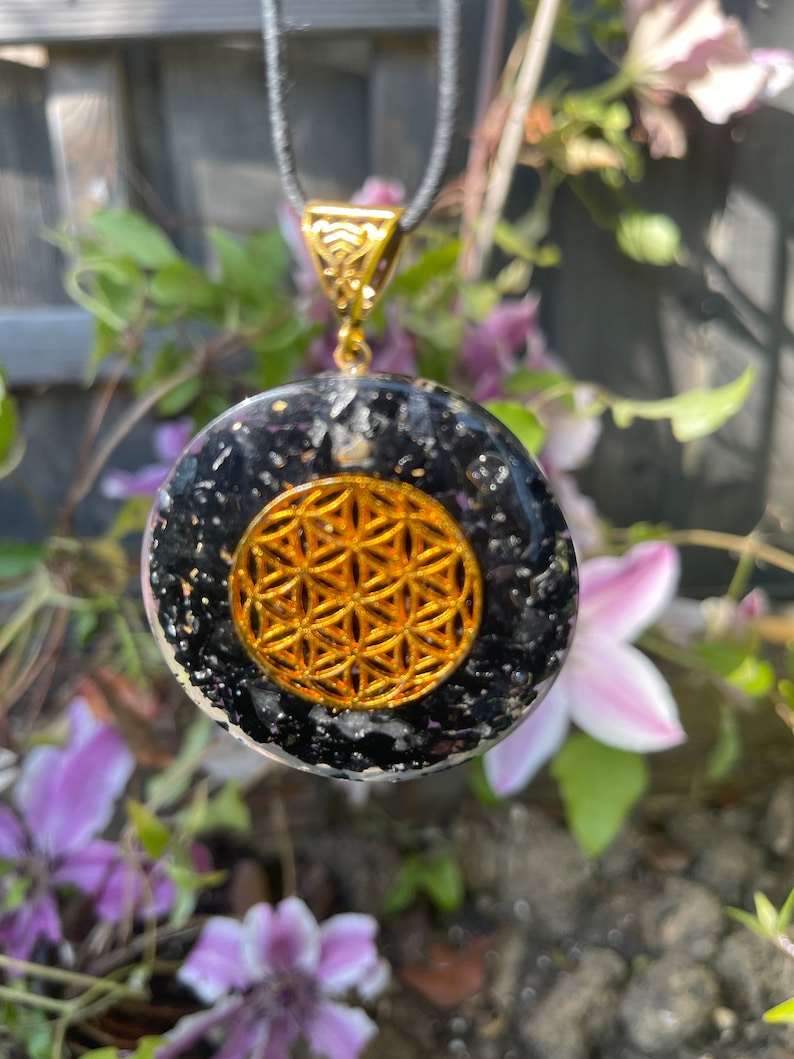 Black Tourmaline Reiki Energy Charged Orgone Flower of Life Pendant, Orgone pyramid, EMF protection, orgone energy purifier, Orgone Necklace image 1