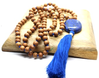 Sandalwood - LAPIS LAZULI Mala Necklace 8 mm, Knotted Sandalwood Mala, 108 Japa Mala Beads, Sandalwood Necklace, Buddhist Prayer Beads