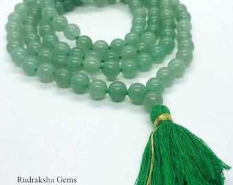 Green Aventurine Mala Bead Necklace, Knotted Rosary, Heart Chakra