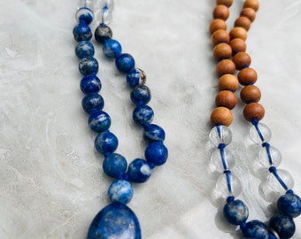 Sandalwood with Lapis Lazuli Japa Mala Crystal 108 beads OM mala with Lapis pendant purified & blessed Unisex Necklace Mens Women Japa Yoga