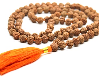 10 mm Rudraksha Mala Yoga méditation perles de prière hindoue 108 + 1 perles Rudraksha Mala avec pompon jaune - Rudraksh Mala - chapelet Boho authentique