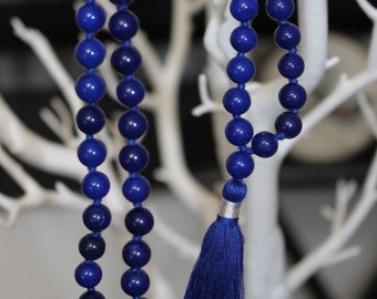 Lapis Lazuli Necklace Lapis Lazuli Mala Necklace Blue Bead Hand Knotted Long Tassel Necklace for Women Men 108 Mala Necklace Yoga Jewelry Om