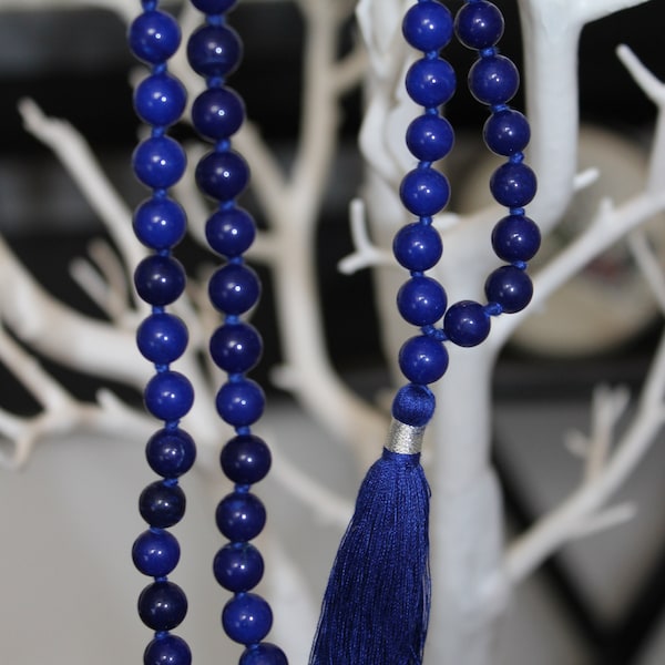 Lapis Lazuli Necklace Lapis Lazuli Mala Necklace Blue Bead Hand Knotted Long Tassel Necklace for Women Men 108 Mala Necklace Yoga Jewelry Om