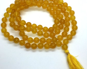 Yellow Jade Hand Knotted Yoga Mala Beads Necklace - Enegised Solar Plexus, Meditation 8mm 108 Prayer Beads For Awakening Chakra Kundalini