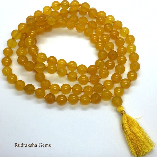 Yellow Jade Hand Knotted Yoga Mala Beads Necklace - Enegised Solar Plexus, Meditation 8mm 108 Prayer Beads For Awakening Chakra Kundalini