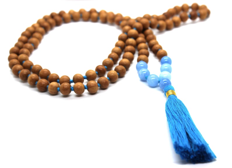 Atlantis Larimar Crystal Necklace, Mala Sandalwood Beaded Necklace, Handmade Jewelry, Healing Crystals Necklace Japa mala Beaded Yoga mala image 3