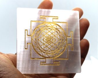 Selenite Charging Plate, Sri Yantra Engraved Crystal, Sacred Geometry