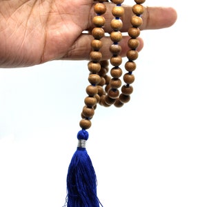 Natural Sandalwood Handmade Mala 1081 Beads Hindu Prayer Beads Mala Yoga Mediation Chandan Mala Handmade With Long Tassel, Sandal wood mala Navy Blue