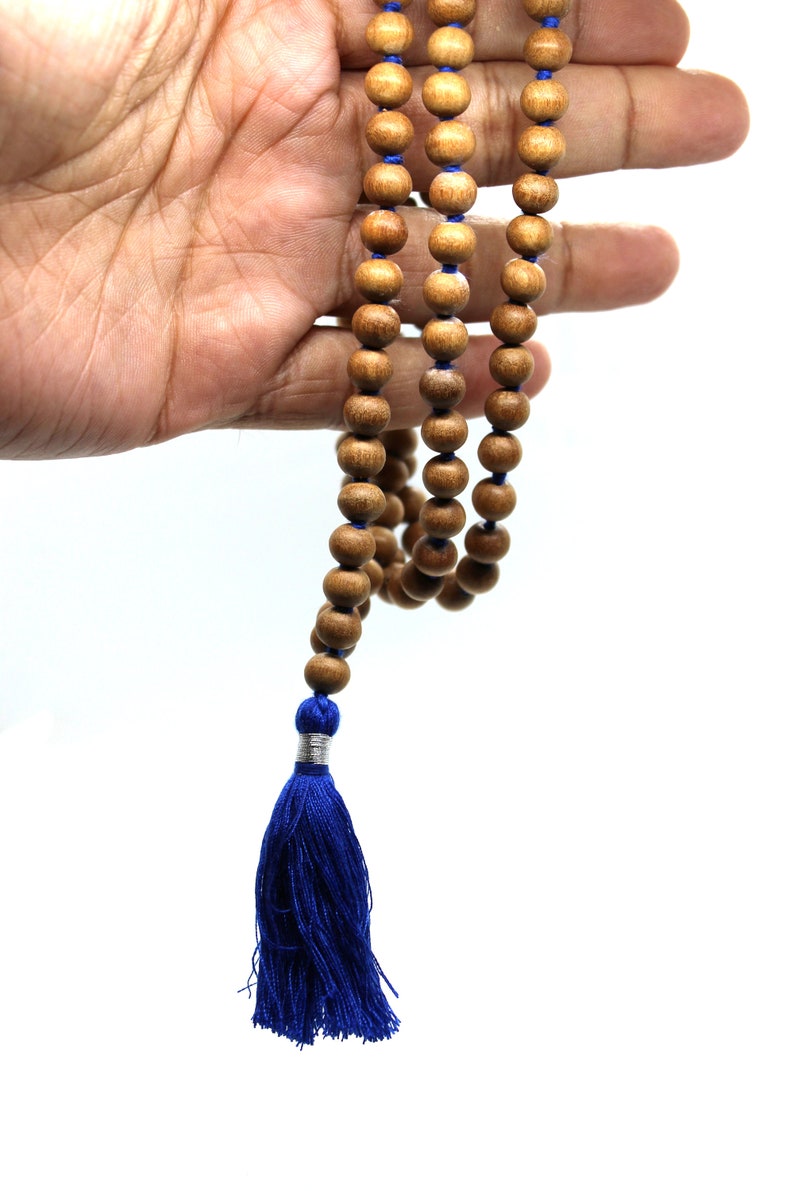 Natural Sandalwood Handmade Mala 1081 Beads Hindu Prayer Beads Mala Yoga Mediation Chandan Mala Handmade With Long Tassel, Sandal wood mala Navy Blue