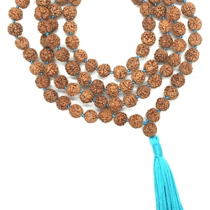 Five face Rudraksha Mala 108+1 Beads - Handmade 8MM Rudraksha Mala - Rudraksha Japa Mala 8MM - Turquoise Long Tassel knots Mala - Yoga Gift