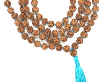 Five face Rudraksha Mala 108+1 Beads - Handmade 8MM Rudraksha Mala - Rudraksha Japa Mala 8MM - Turquoise Long Tassel knots Mala - Yoga Gift