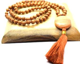 Sandalwood - Orange Aventurine  Mala Necklace 8 mm, Knotted Sandalwood Mala, 108 Japa Mala Beads, Sandalwood Necklace, Buddhist Prayer Beads