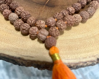 Rudraksha mala 8 mm knotted 108 + 1 prayer beads, Long Orange Tassel necklace, mens mala india, yoga meditation buddhist tibetan prayer mala