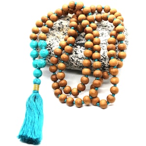 Sandalwood TURQUOISE Mala Necklace 8 mm, Knotted Sandalwood Mala, 108 Japa Mala Beads, Sandalwood Necklace, Buddhist Turquoise Beads Yoga image 5