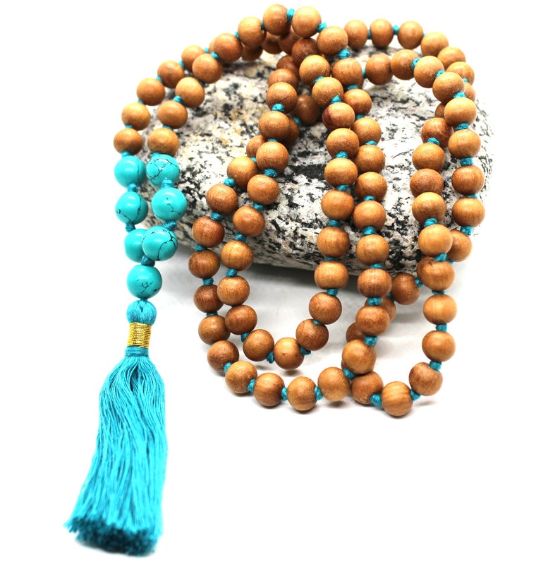 Sandalwood TURQUOISE Mala Necklace 8 mm, Knotted Sandalwood Mala, 108 Japa Mala Beads, Sandalwood Necklace, Buddhist Turquoise Beads Yoga image 5