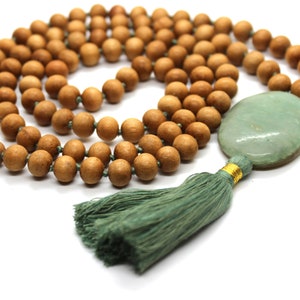 Sandalwood - GREEN AVENTUINE Mala Necklace 8 mm, Knotted Sandalwood Mala, 108 Japa Mala Beads, Sandalwood Necklace, Buddhist Prayer Beads