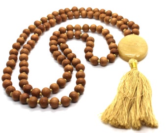 Sandalwood - YELLOW AVENTUINE Mala Necklace 8 mm, Knotted Sandalwood Mala, 108 Japa Mala Beads, Sandalwood Necklace, Buddhist Prayer Beads