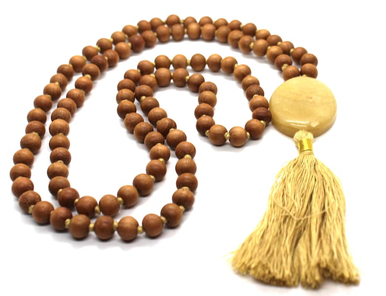 Sandalwood YELLOW AVENTUINE Mala Necklace 8 mm, Knotted Sandalwood Mala, 108 Japa Mala Beads, Sandalwood Necklace, Buddhist Prayer Beads image 1