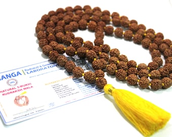 LAB CERTIFIED 108+1 Bead Indian Origin Rudraksha Mala 5 mukhi 5 faces Lord Shivas Rosary Jaap Mala Yoga Prayer Healing Meditation 8mm beads