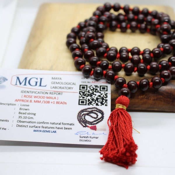 Lab Certified Rosewood Knotted Mala 108+1 Beads - Handmade Rosewood Mala necklace meditation prayer beads - 8 MM Rosewood Mala  Knotted Mala